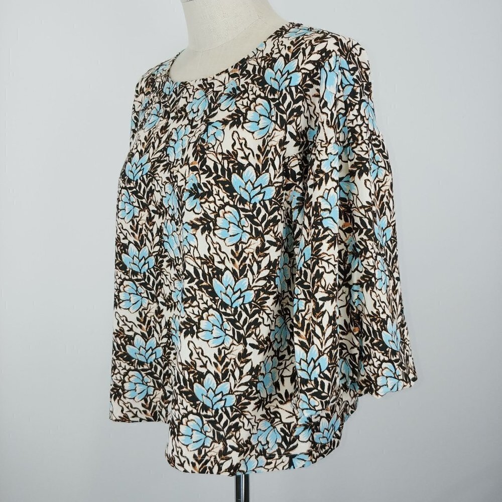 Elizabeth And James Floral Blouse Womens Large Blue Brown 3/4 Puff Sleeve - Picture 2 of 9